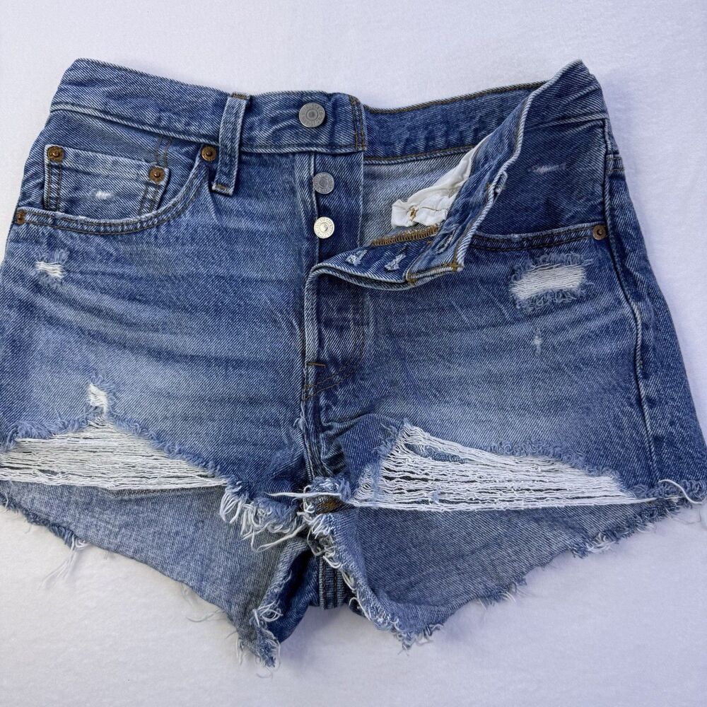 LEVI's 501 Button-up Zip Jean Short Distressed Ripped Girls Waist 25" 1013